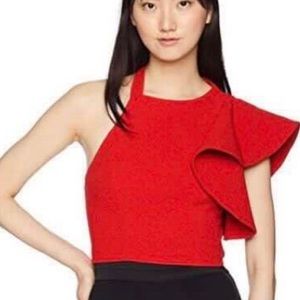 C/Meo Women's Entice High Neck Cropped One Sleeve Ruffle Detail Top Size S